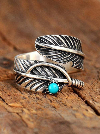 Anillo Boho Ajustable con Pluma y Turquesa – Estilo Natural y Elegante