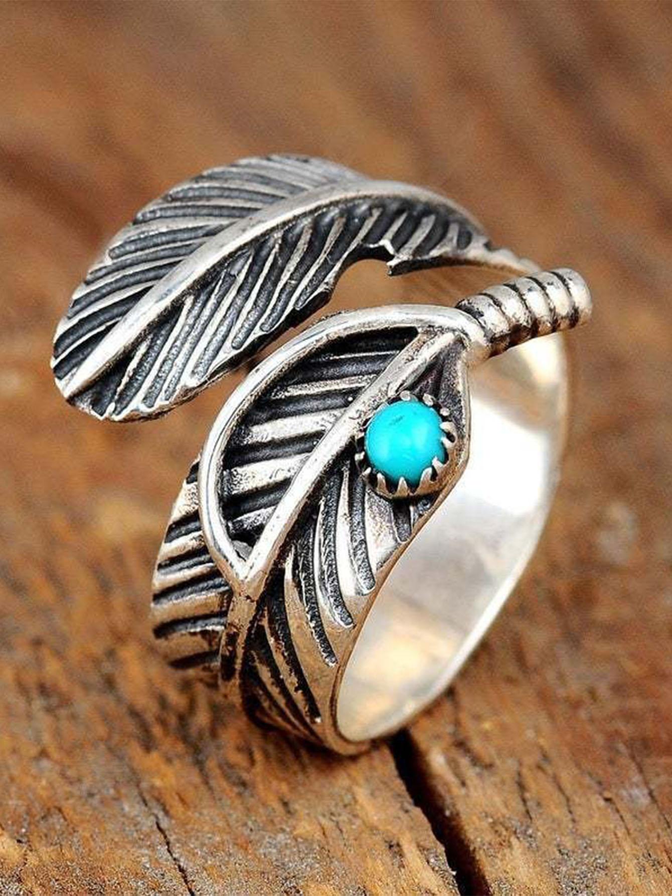 Anillo Boho Ajustable con Pluma y Turquesa – Estilo Natural y Elegante