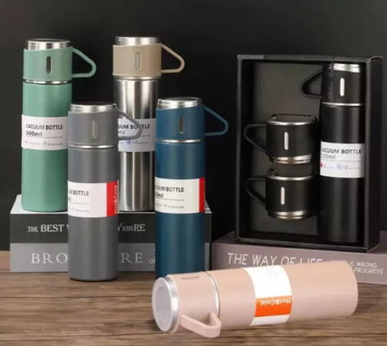 Termo de acero inoxidable con 2 vasos y estuche – 500 ml, doble pared térmica