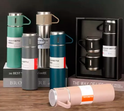 Termo de acero inoxidable con 2 vasos y estuche – 500 ml, doble pared térmica