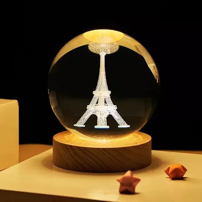 lámpara esfera cristal 3d con base de madera – luz cálida decorativa