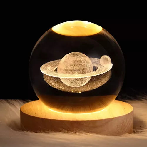 lámpara esfera cristal 3d con base de madera – luz cálida decorativa