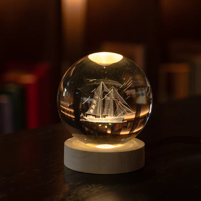 lámpara esfera cristal 3d con base de madera – luz cálida decorativa