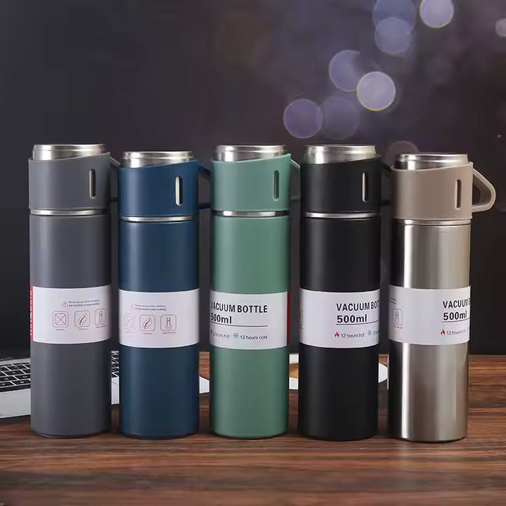 Termo de acero inoxidable con 2 vasos y estuche – 500 ml, doble pared térmica