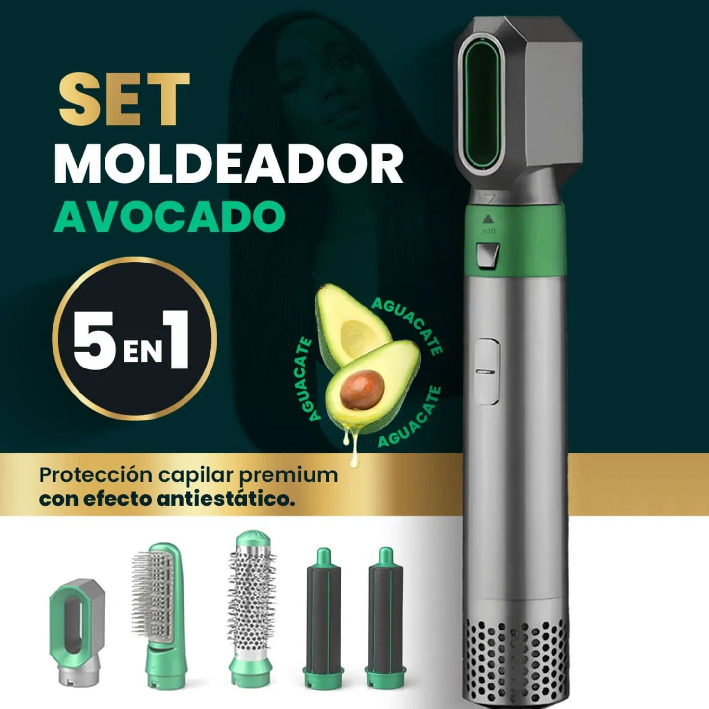 Cepillo secador 5 en 1 estilo aguacate – alisa, riza y da volumen