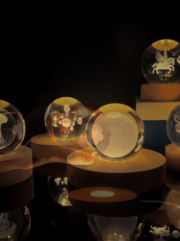 lámpara esfera cristal 3d con base de madera – luz cálida decorativa